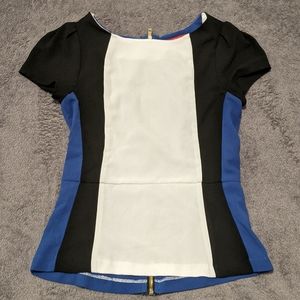 Black, White & Blue Color Blocked Peplum Top Size XS